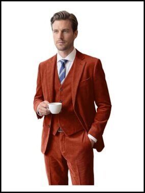 Mens 3 Piece Corduroy Suit Slim Fit Tuxedo Prom Formal Set